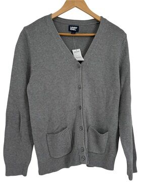 Lands' End Women NWT Size M (10-12) Gray Cardigan Sweater Cotton Pockets Granny